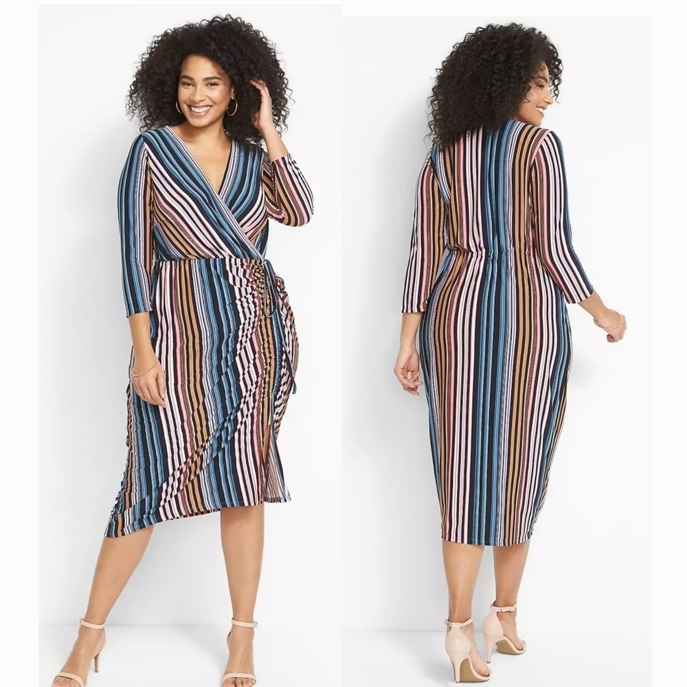 Lane Bryant Surplice-Neck Side-Ruched 3/4 Sleeve Striped Midi Dress 22/24